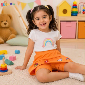 Flared cotton orange color skorts with summer prints